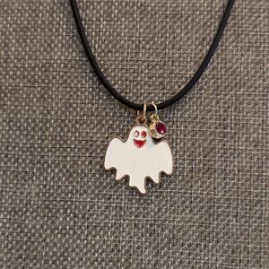 White Ghost & Red Crystal Pendant Necklace On A Black Cord